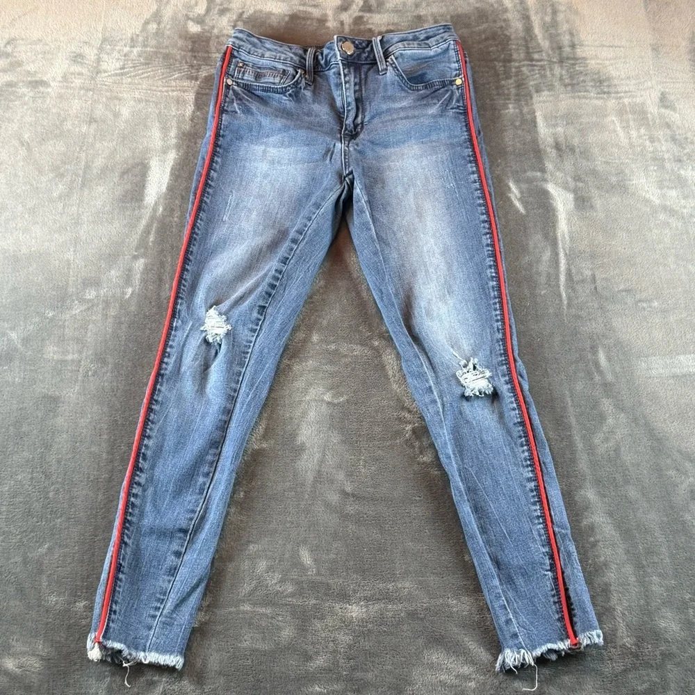 Seven 7 Women's Jeans Size 4 Mid Rise Ankle Skinny Red Trim Raw Hem Distressed